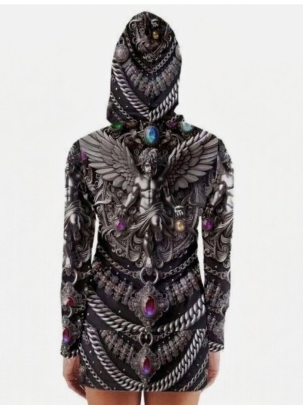 Gothic Angel Cotton Mini Dress  Baroque Hooded Shirtdress, Bejeweled Silver XL